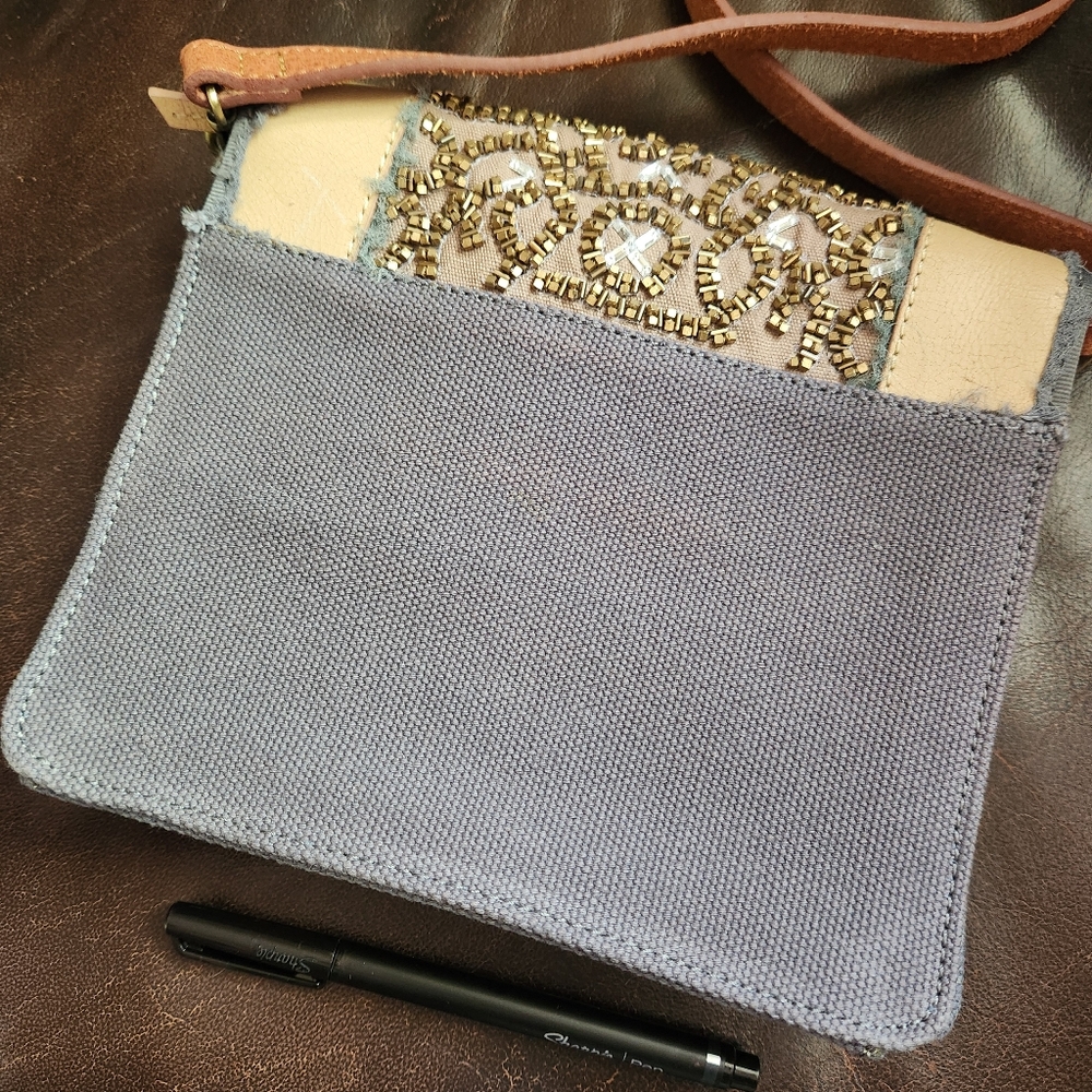 Miss Albright Anthropologie bag denim blue brown leather beading shoulder strap - Picture 6 of 9